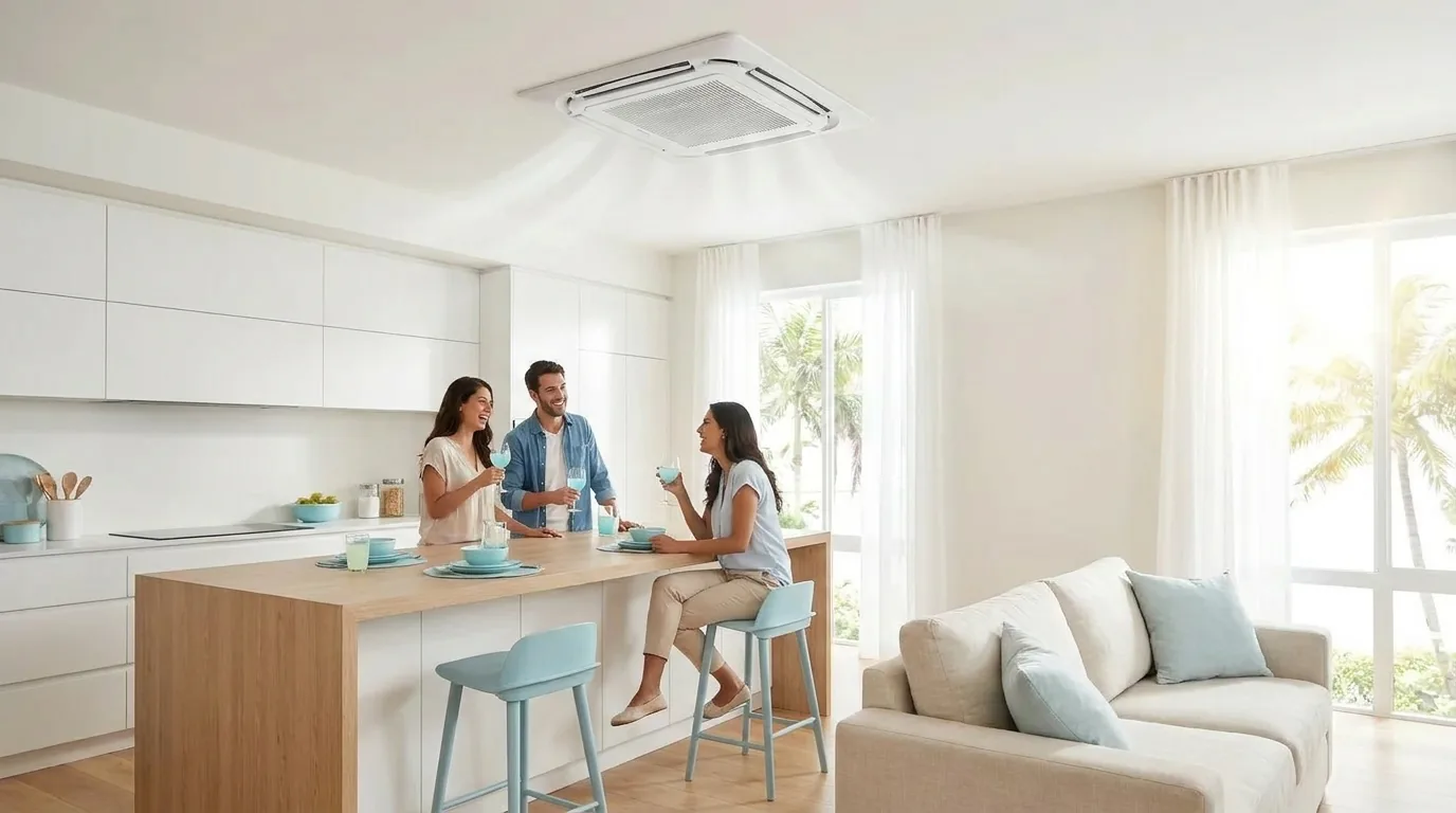 Ar-condicionado cassete: ar-condicionado em uso numa casa clara