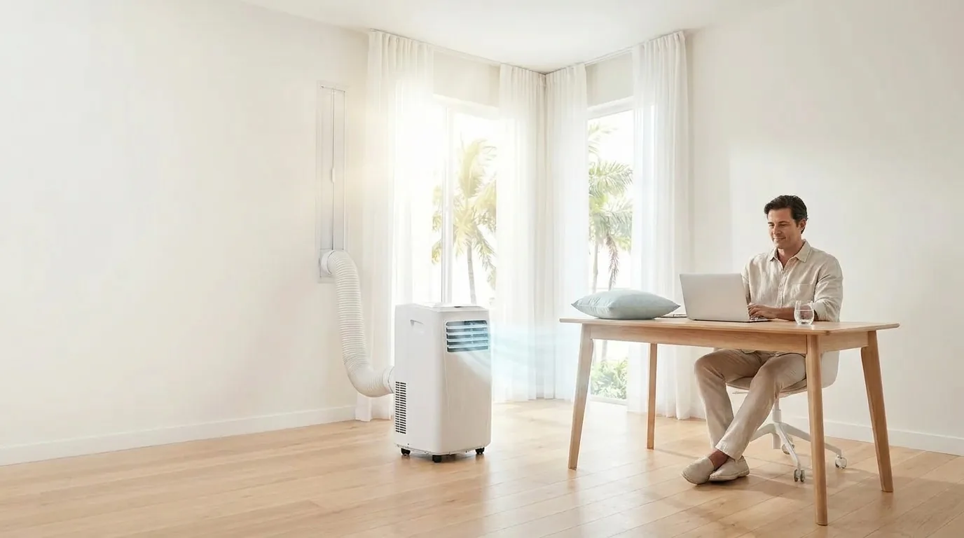 Ar-condicionado portátil: ar-condicionado em uso numa casa clara